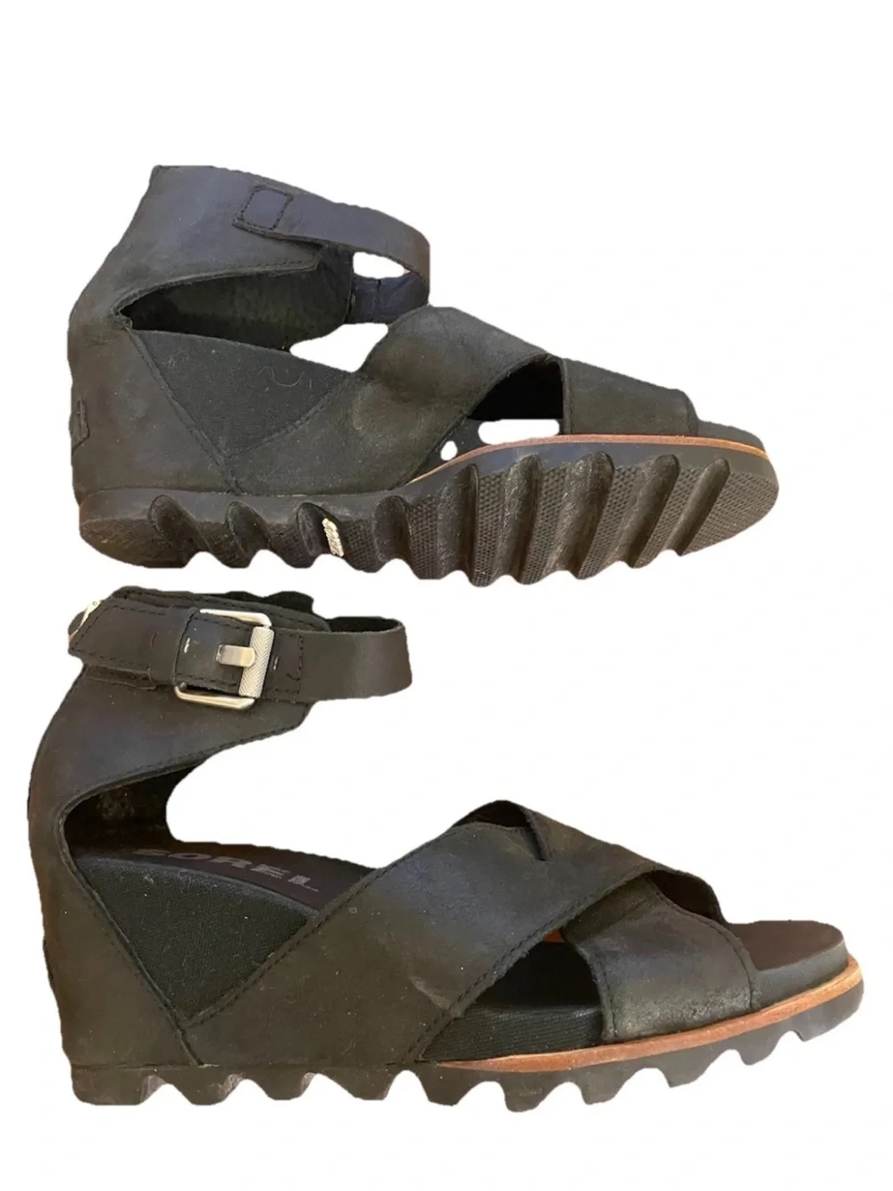 Sorel Joanie 2 Black Women's Ankle-Strap Wedge Sandals Criss Cross Leather